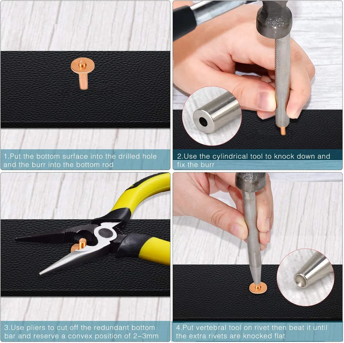 SelfTek Paquete de 20 remaches y rebabas de cobre (14 mm y 19 mm) con 2 herramientas de remache de perforación para cinturones, bolsos, collares, manualidades de cuero, pulseras