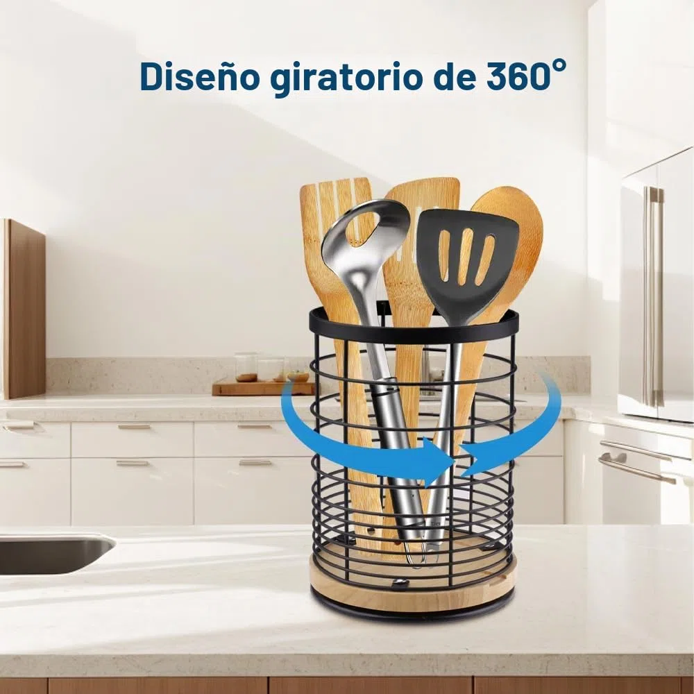 Giratorio Soporte para Utensilios de Cocina Redondo Organizador de Utensilios de Acero Inoxidable con Base de Madera Grande Escurre Cubiertos de Cocina, 13.5 x 13.5 x 18.5 cm (Negro)
