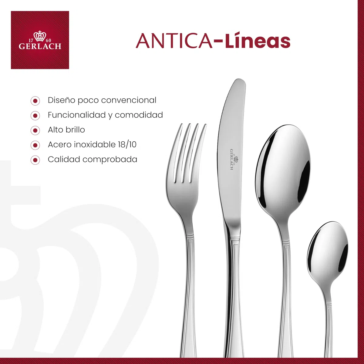 Gerlach - Cubertería Mate Antica, Acero Inoxidable, Plata, 50 x 37 x 10 cm, 68 Unidades