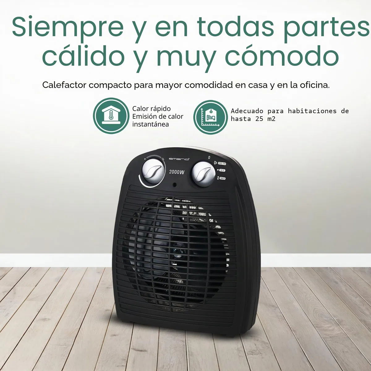 Emerio FH-106737.2 - Pequeño termoventilador compacto para 20 m², 2 potencias de calefacción + función de ventilador, termostato ajustable, interruptor de seguridad, asa, 2000 W