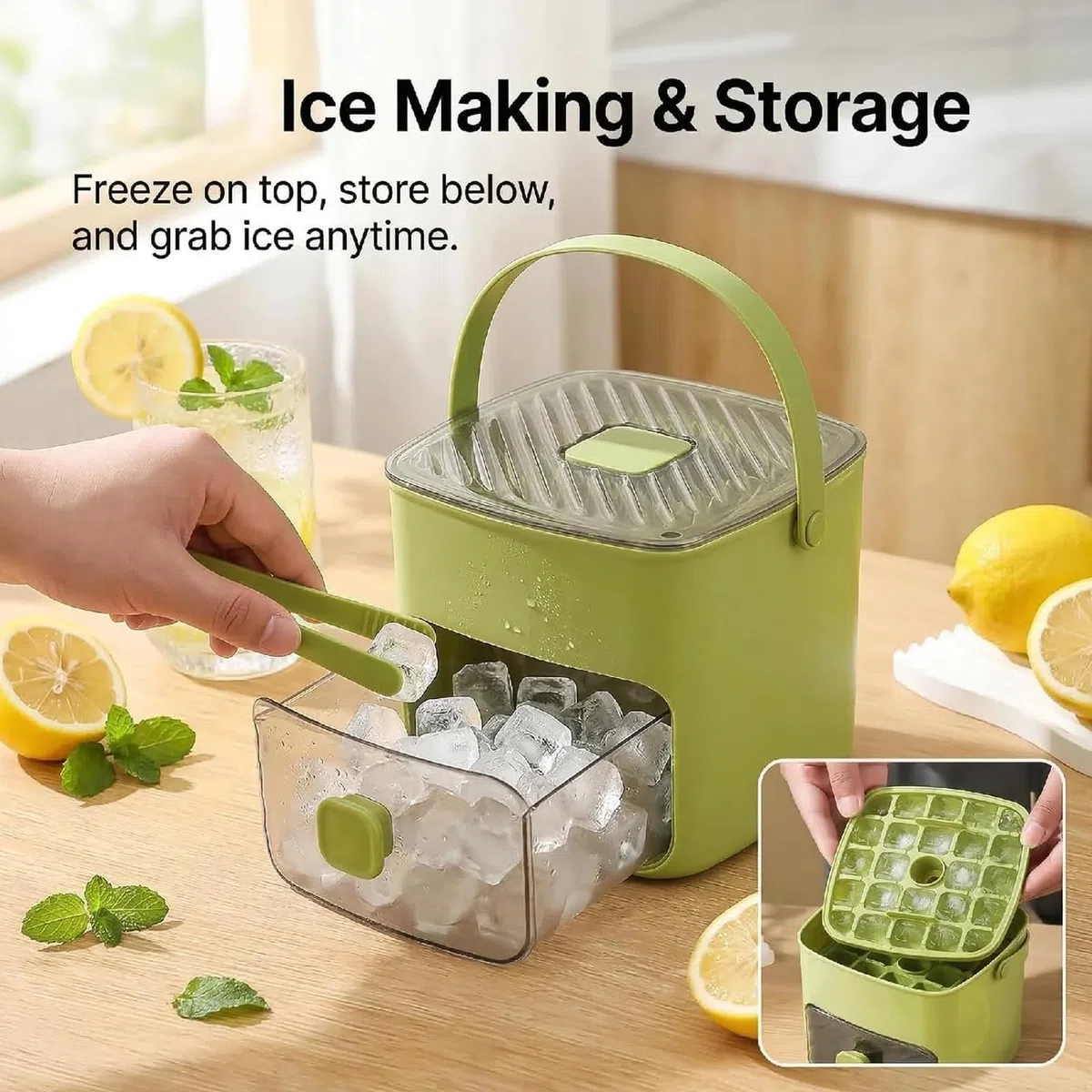 Máquina para hacer 48 cubitos de hielo con bolsa de transporte y pinzas para hielo, caja portátil para moldear, bandeja de doble capa y contenedor/tapa de fácil presión, para acampar, RV, fiest green