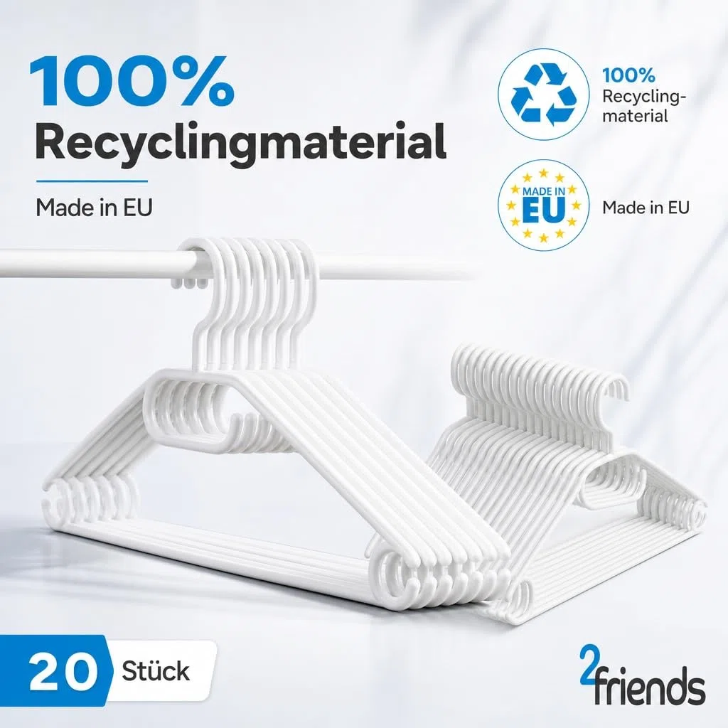 2friends 50 perchas de plástico blanco con ganchos giratorios, 41 cm de plástico blanco, 50 perchas fabricadas en la UE, material 100% reciclado, modelo Lea