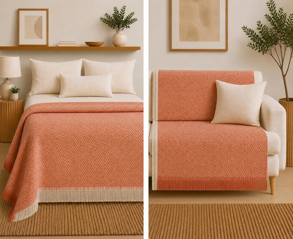 Estoralis NAPOLES | Colcha Multiusos de Diseño Moderno | Plaid para Cama y Sofá | Naranja | Colcha/Cubresofa (230 x 260 cm. AnchoxAlto) | con Fleco