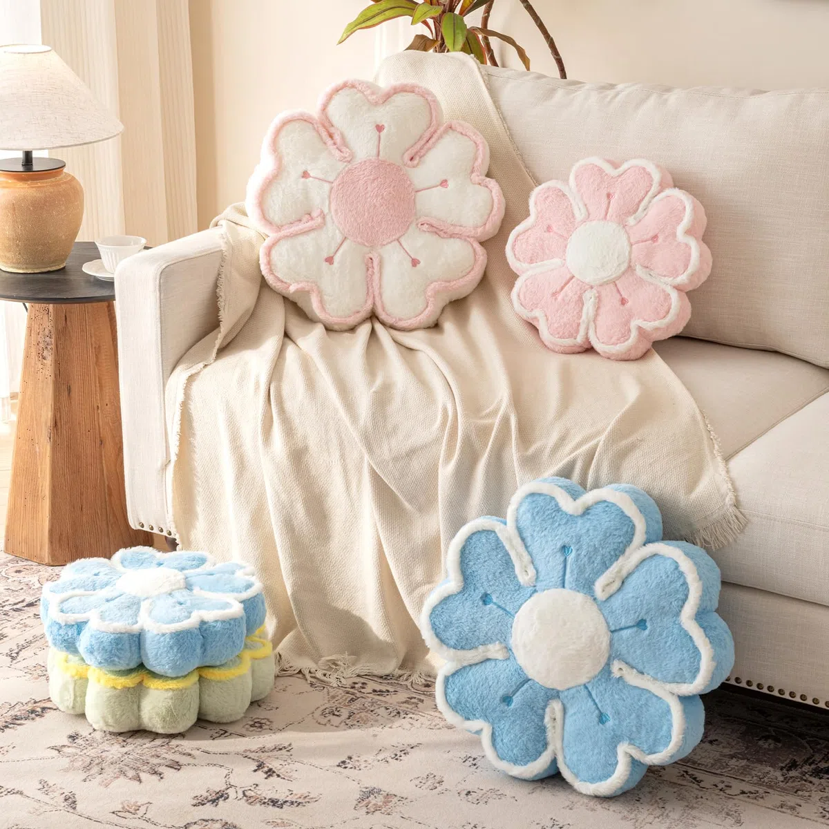 Almohada de flores, cojín decorativo en forma de flor para cama y sofá, lindas almohadas de felpa para decoración del hogar, almohada de suelo (azul, 17.7 pulgadas)