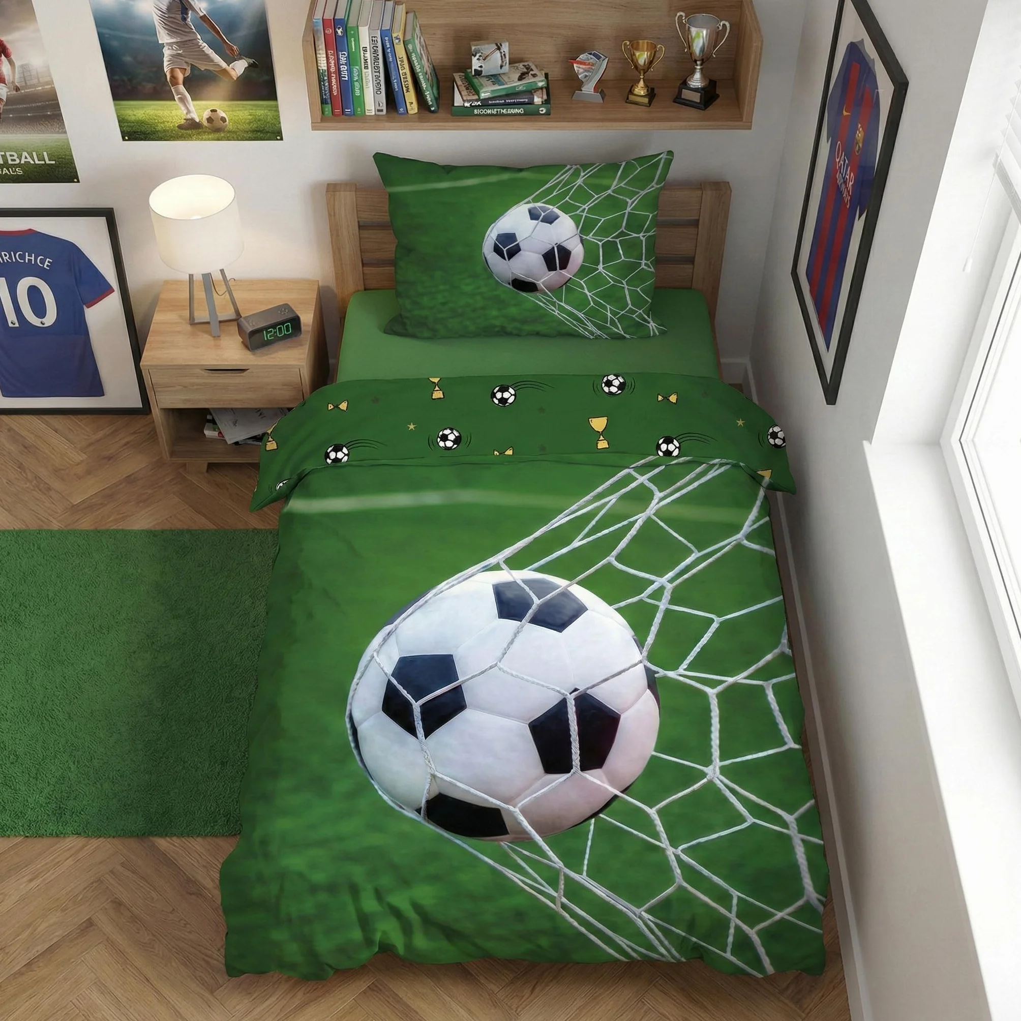 Fútbol Funda Nórdica Cama 90 140x200 + Funda Almohada 65x65 Algodón GOL | Ropa de cama reversible | Algodón natural transpirable Oeko-Tex | Diseño gol estadio | Niño | Regalo | Lavable a máquina