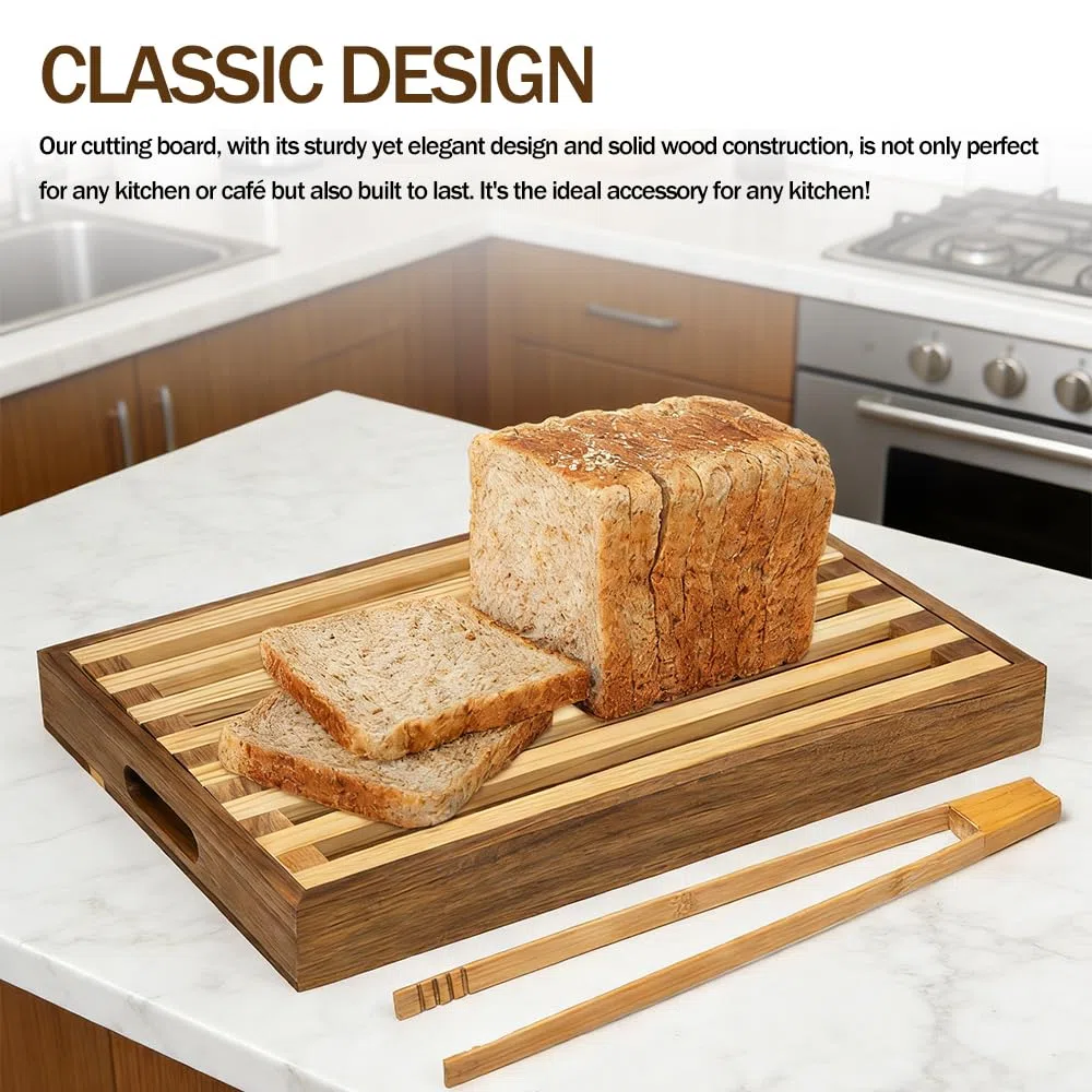Tabla de Cortar Pan de Madera para Cocina con Bandeja Recogemigas, Pinzas de Madera Tabla Para Cortar Pan con Rejilla Extraíble Tabla Pan Madera Tabla para Cortar el Pan(36.5x24x4cm)