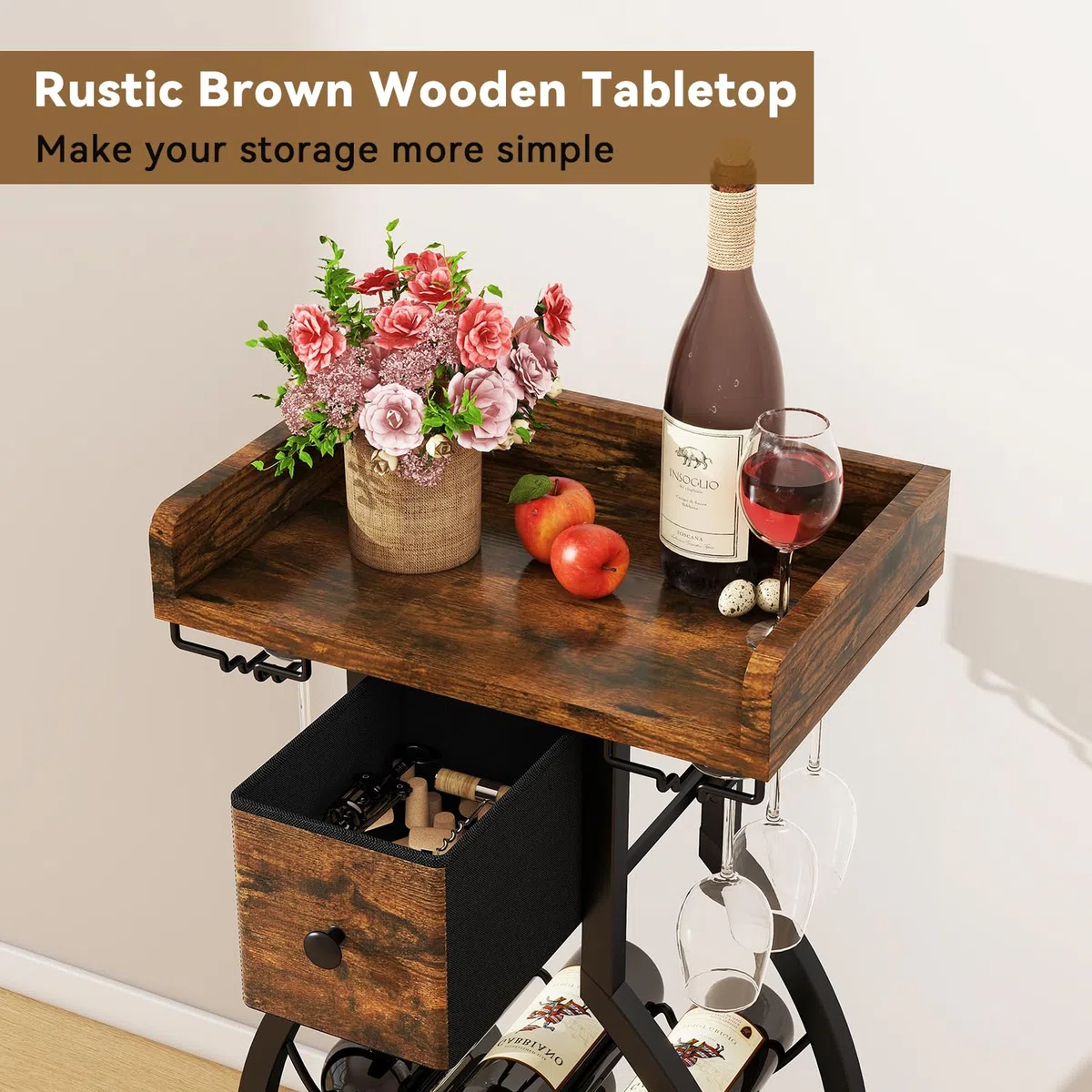 Botellero independiente IBUYKE para 15 botellas, con soporte de cristal y cajón de almacenamiento, mini estantería, para cocina, bar y comedor, marrón rústico TMJ908H