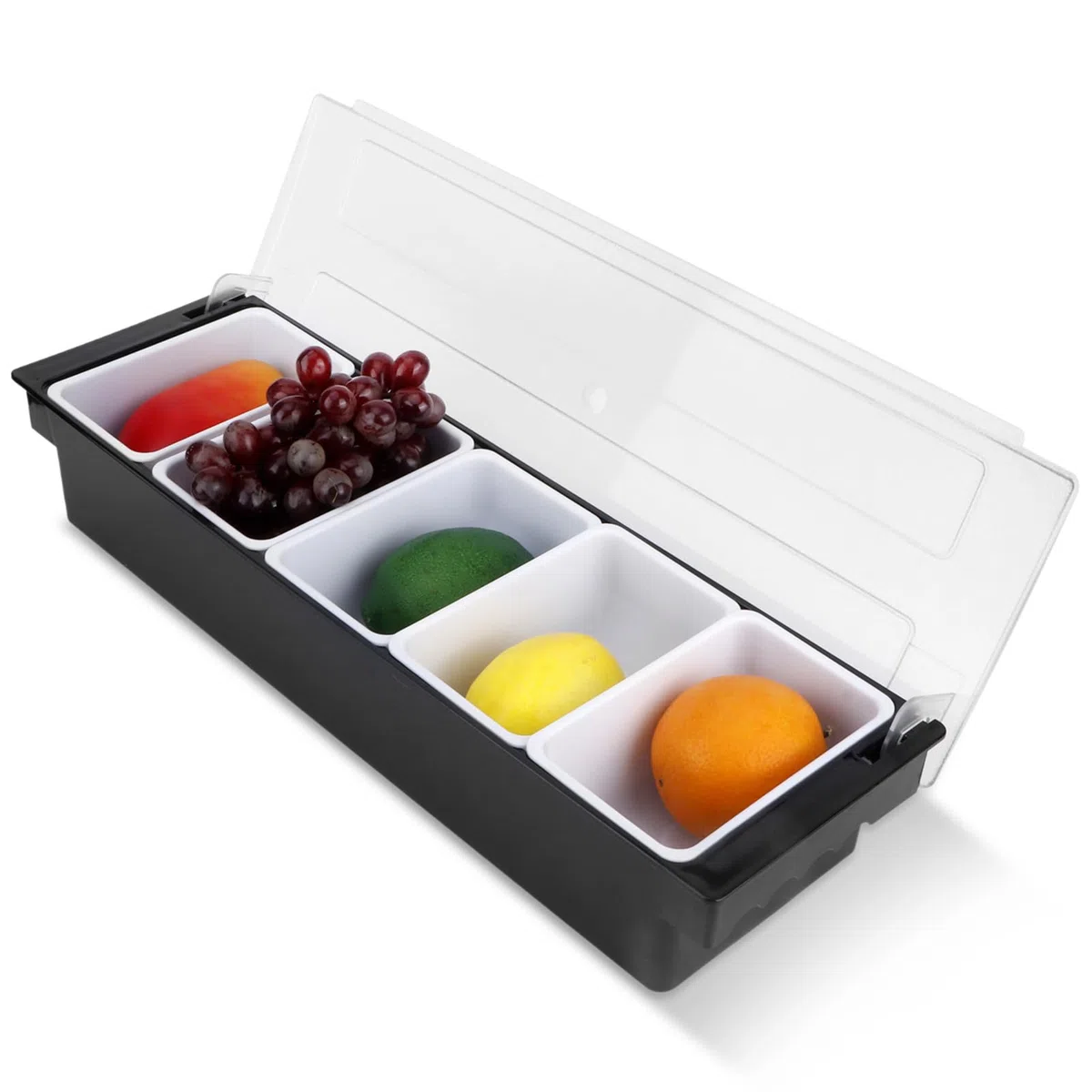 Cesta Para Frutas Con Tapa, Bandeja Dispensadora De Plástico Con Compartimentos Para Decorar Barras, Dispensador De Alimentos Y Condimentos Para Servir Tacos/Helados/Fruta/Ensaladas (5 Compartimentos)