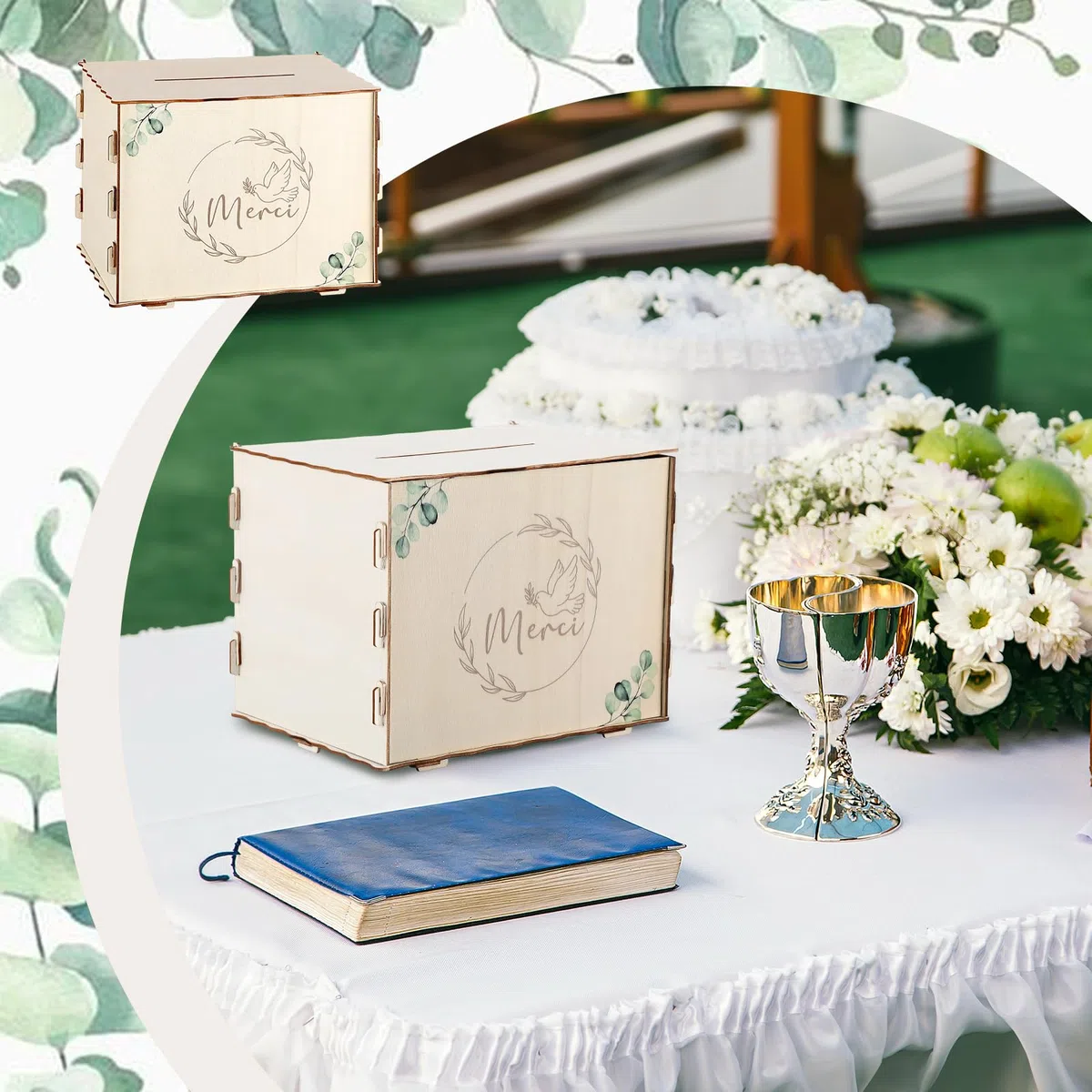 Namalu Urna de Cumpleaños Bautizo Caja deTarjetas Hucha de Madera Alcancía Decorativa para Bodas Decoración Festiva Caja de Regalo para Cartas Sobres y Dinero(Merci, Paloma, Eucalipto)
