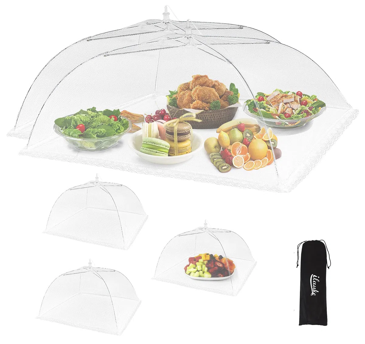 ilauke Grande Cubierta de Malla Plegable para Alimentos, 5 Cubierta de Comida Plegable Reutilizables con Bolsa de Almacenamiento, para Tartas, Frutas, Barbacoa, Fiesta,Buffet,Picnic,Camping,Blanco
