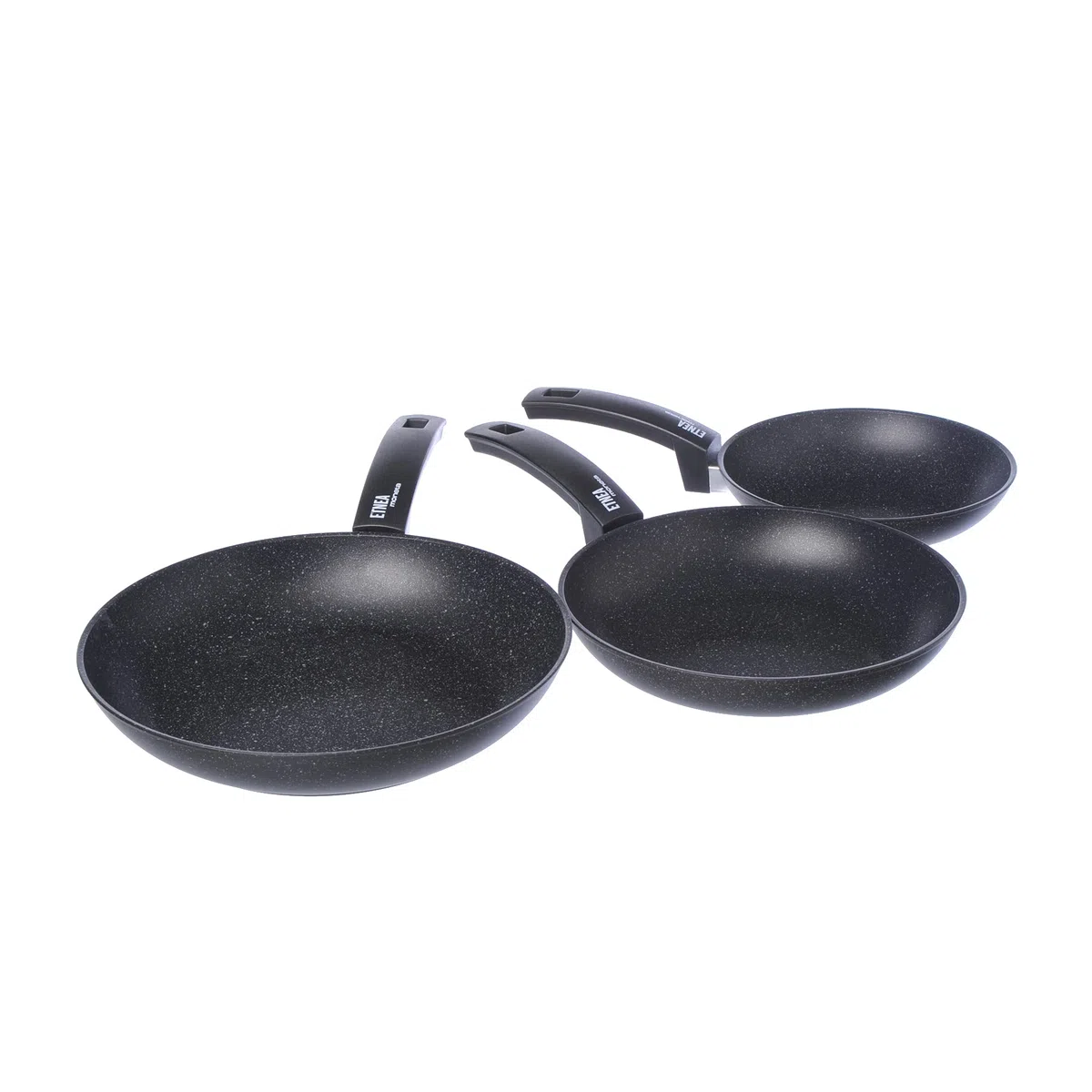 Moneta Etnea Juego de 3 Sartenes, Superficie de Piedra Antiadherente y Revestimiento Antirayadura, Aptas para la Mayoría de las Cocinas, Aptas para el Lavavajillas, Medidas: 20, 24, 28 cm