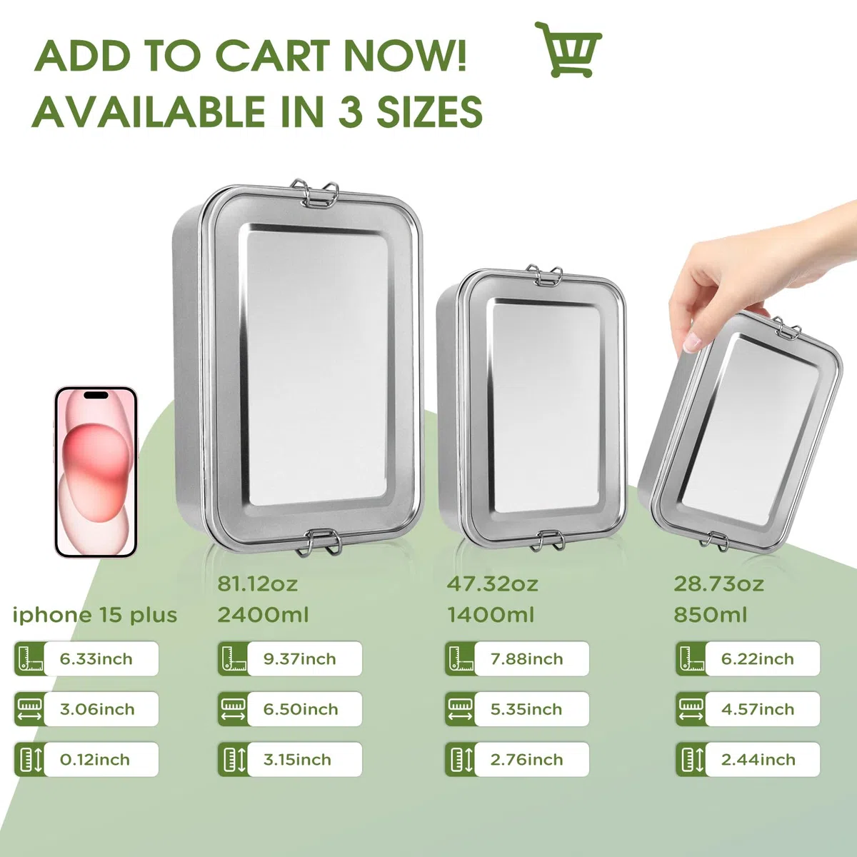 Juego de 3 cajas bento de acero inoxidable 304, con fiambrera de acero inoxidable en los volúmenes de 2400 ml, 1400 ml y 850 ml, fiambrera de acero inoxidable para sopa, ensalada y comidas