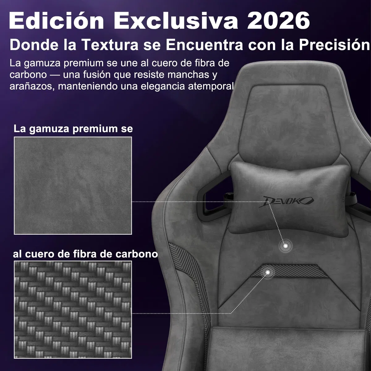 Devoko Silla Gamer Ergonómica para Oficina y Ordenador, Gamuza Suave, Reposabrazos 3D, Espuma Moldeada, Cojín Lumbar Ajustable, Base Metálica Fuerte, 180 kg, Gris Carbón