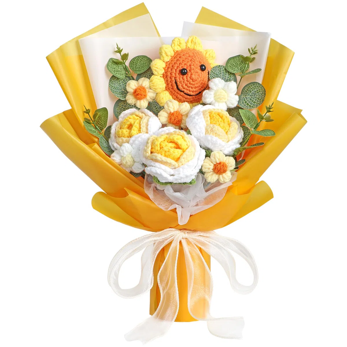 Ramo de Flores de Ganchillo Hecho a Mano Rosas Artificiales de Girasol Flores Tejidas a Mano Arreglos Florales Falsos Regalo para Día de la Madre Cumpleaños Graduación Boda Hogar Decoración