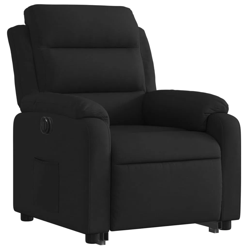 Sillón de relax con función reclinable eléctrica y ayuda para levantarse en tejido negro, respaldo de 135 grados y práctico bolsillo lateral, adecuado para hasta 110 kg