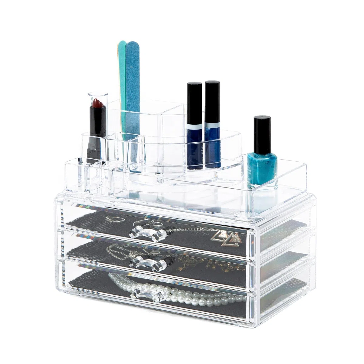 Compactor Organizador de cosméticos y joyería con 3 cajones y múltiples Compartimentos, Transparente, Fabricado en poliestireno, 24 x 15 x 18.7 cm, RAN5055