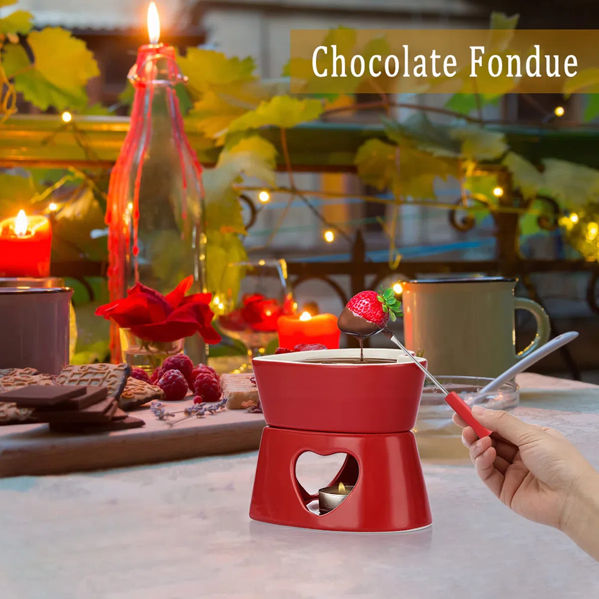 Juego de fondue de cerámica para chocolate con forma de corazón, olla para fondue de queso de porcelana con 4 tenedores, 320 ml, mini quemador resistente al calor, fondue para dulces