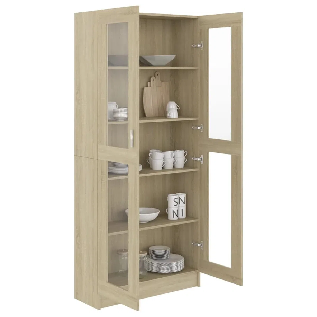 Homgoday Vitrina de Cristal, Vitrina de Salón Aparador,Aparador Cocina, Oficina Archivador, con 5 Estantes 2 Puertas de Vidrio 82,5x30,5x185,5 cm Roble Sonoma