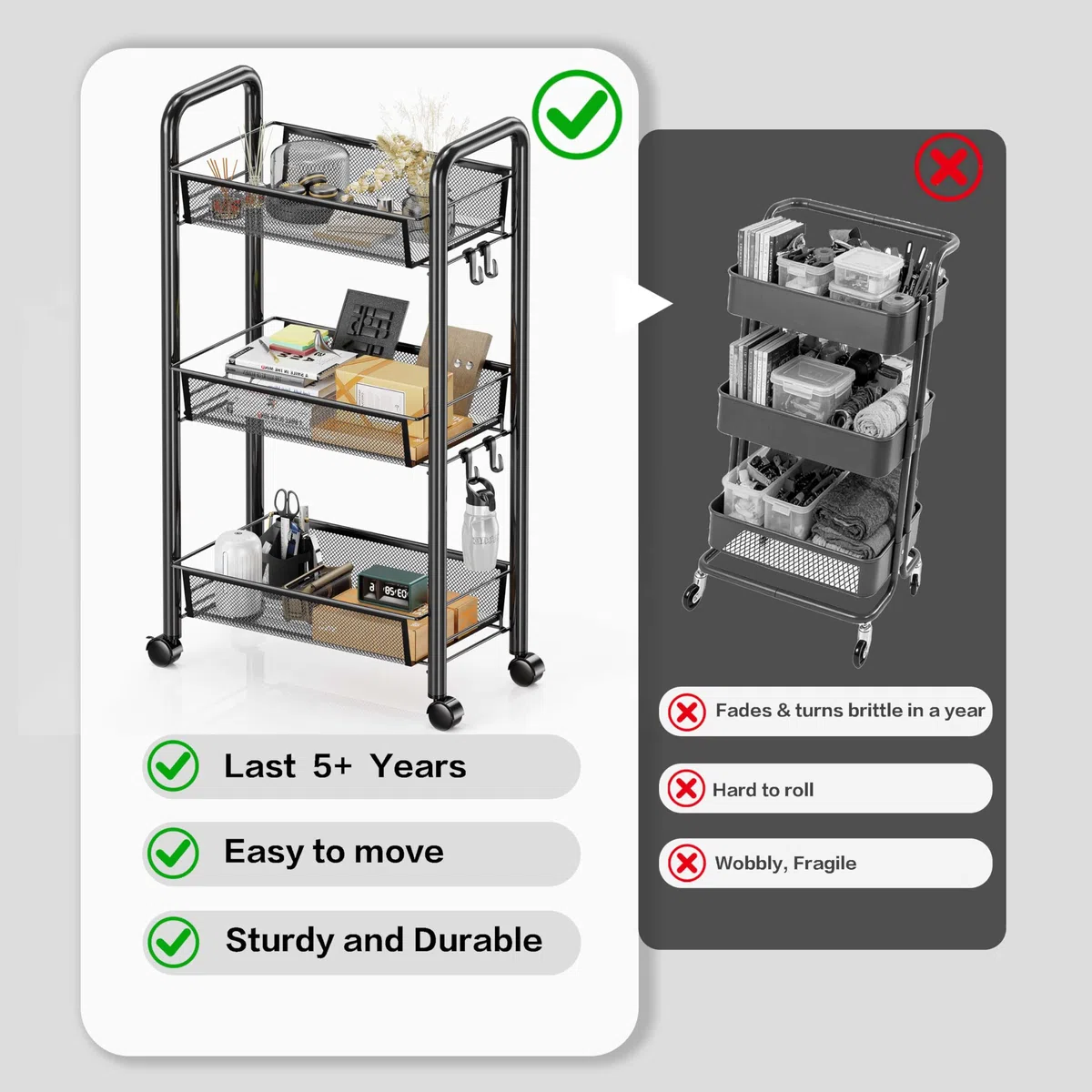 Carrito Auxiliar con Ruedas,Carro Cocina Metálica 3/4/5 Niveles, Carro de Servicios para Salón Baño Dormitorio Oficina,Carrito Auxiliar Multiusos (Negro, 3 Niveles)
