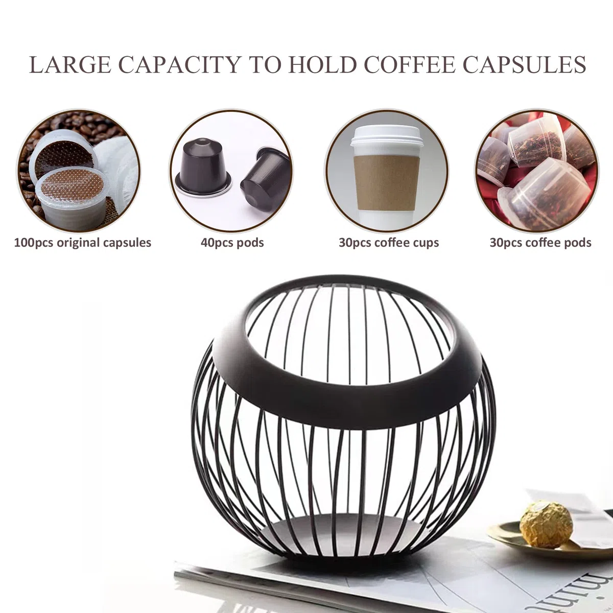 Cuenco para cápsulas de café, cesta de almacenamiento de cápsulas de café, soporte de metal de gran capacidad, organizador de cápsulas de café espresso para mostrador de barra de café