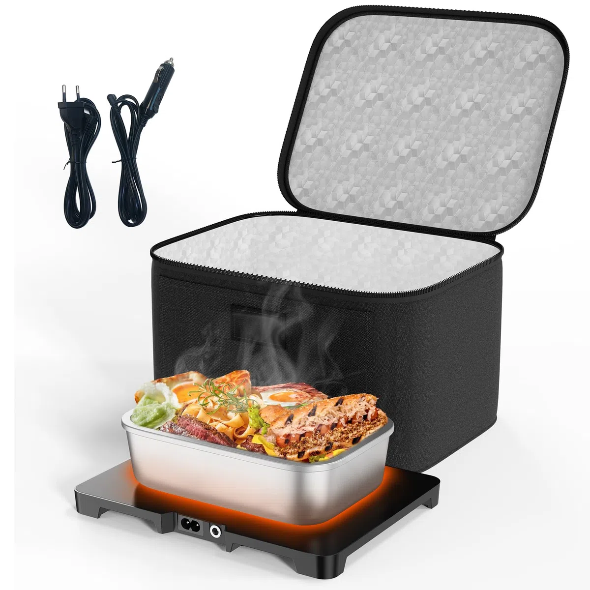 Fiambrera Eléctrica de 80 W - 3 en 1 Gran Comida Térmico con Bolsa, Calentador de Comidas Pequeño, 12V/24V/220V para Coche, Camión, Oficina y Viajes, Negro
