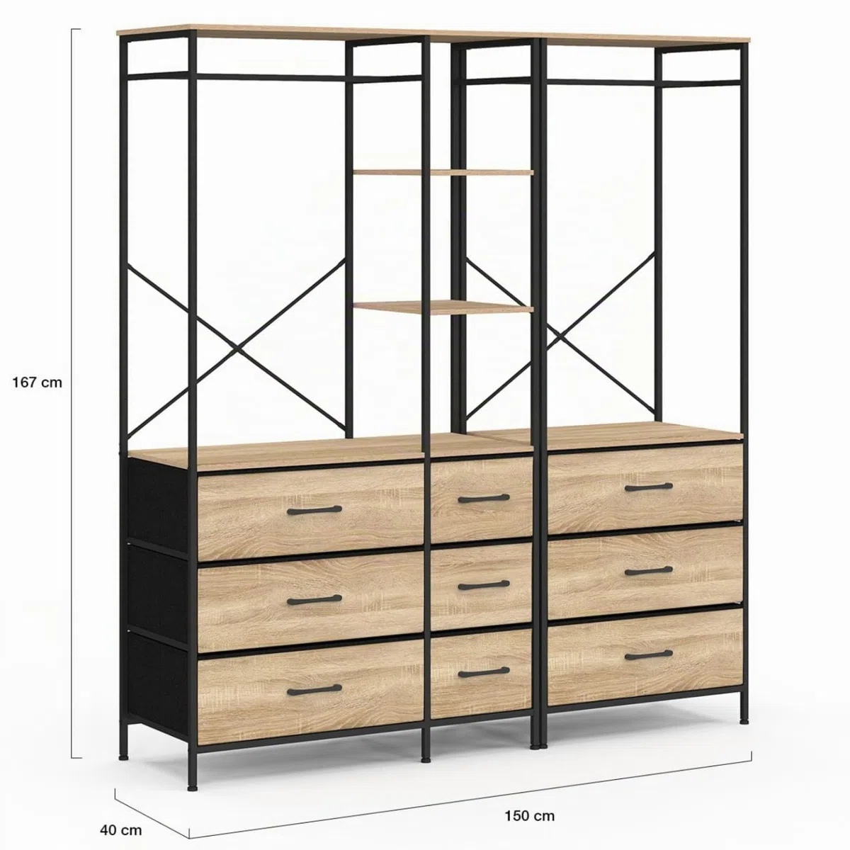 IDMarket - Armario modular L. UTAH XXL 150 cm con 3 estantes y 9 bandejas de tela de madera y negro