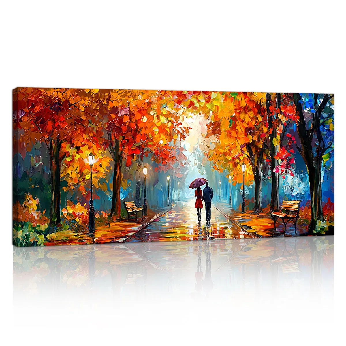 Grande Madera Cuadros Decoracion, Naranja Rojo Otoño Parque Salon Modernos Cuadros Amarillo Árbol Pintura Lienzos Cuadros Decorativos Salón Dormitorio Comedor Oficina Listo para colgar 120x50cm