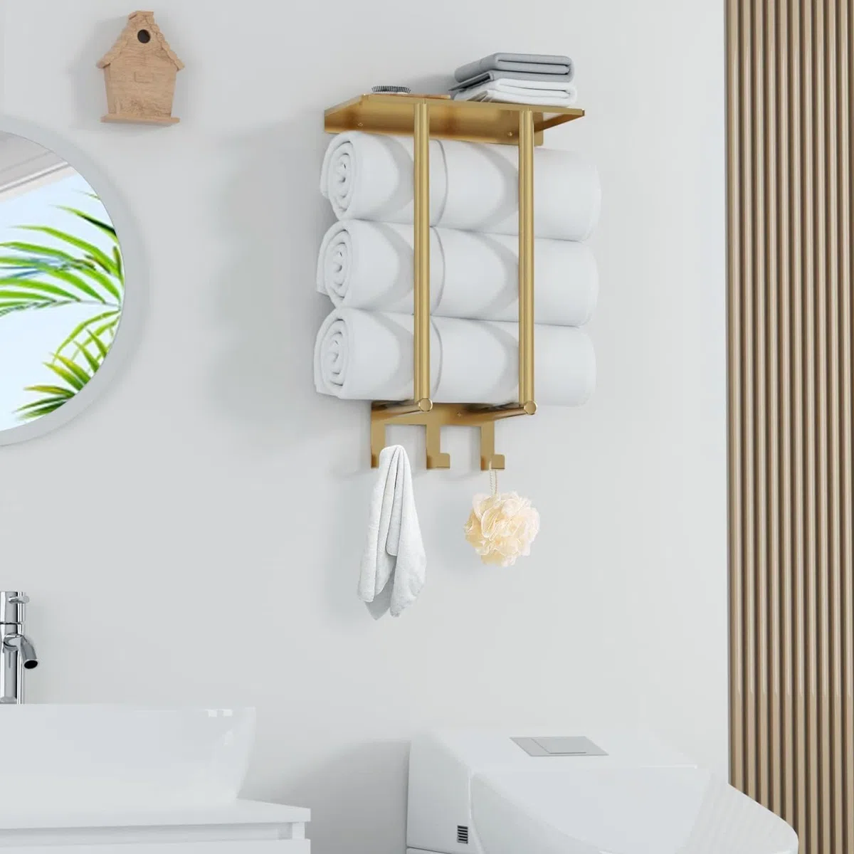 Toalleros de Baño Pared BETHOM Dorado 50 CM Colgador de Toallas para el Baño con Balda y 3 Ganchos Acero Inoxidable Soporte Toallas Baño de Almacenamiento para Toallas 3 Enrolladas