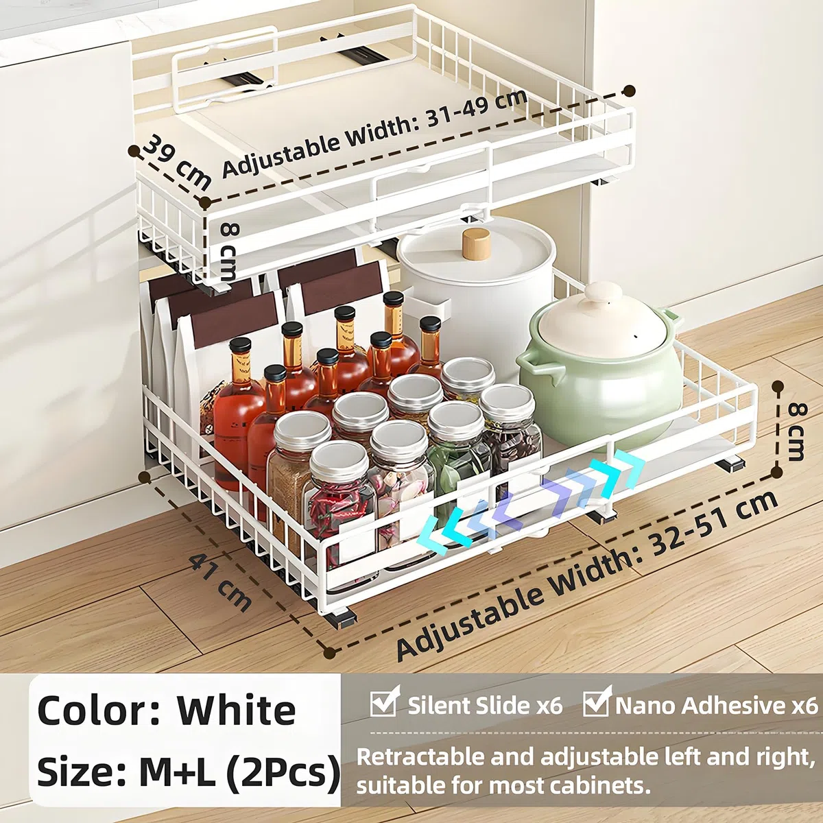 2 Cajones Extraibles para Cocina con Rieles Deslizantes (Juego M+L) | Ancho Ajustable Expandibles, Autoadhesivos/Perforadores con Nano Película para Cocina, Despensa, Sala de Estar (Blanco)