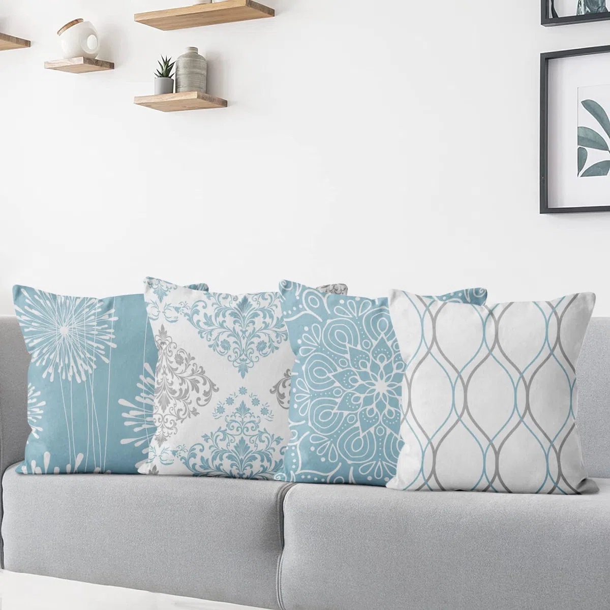 Azul Fundas de Cojín 45x45 Juego de 4, Azul y Blanco Moderno Sencillo Geométrico Estampado Rústico Cuadrado Sofá Decorativo Lavable Poliéster Lino Textil Jardín Funda de Almohada