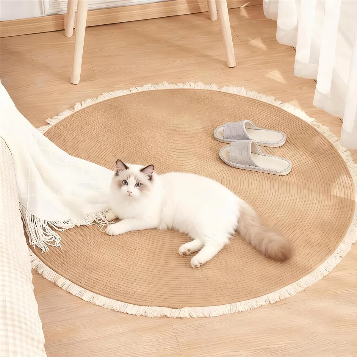 Alfombra de cuerda de algodón, lavable, redonda, reversible, con borlas, para gatos, suave, elegante, para el hogar, solución para rascar