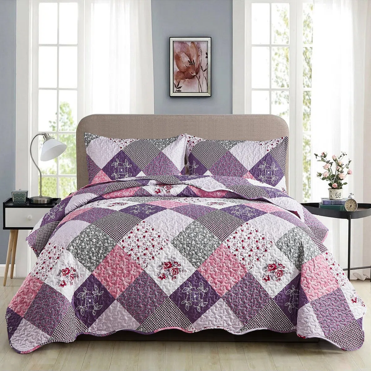WONGS BEDDING Colcha 240 x 260 cm Manta de Cama de Patchwork Colchas Acolchadas Patrón Floral Edredón de Microfibra Colcha a Cuadros con 2 Fundas de Almohada 50 x 75 cm (Rosa Morado)