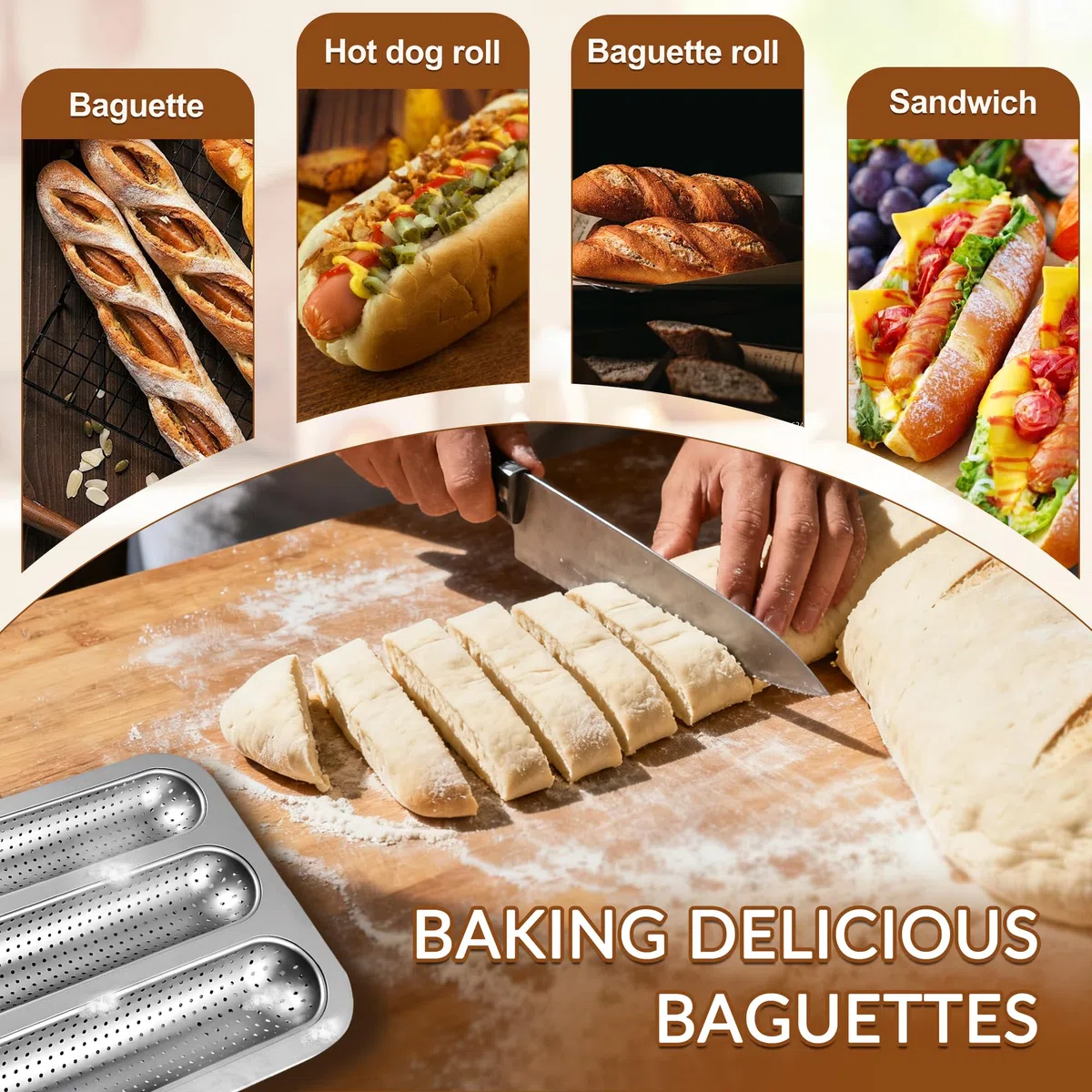 Molde para panecillos de punto caliente, molde perforado de acero al carbono, bandeja antiadherente para hornear bollos de perro caliente, mini bandeja para hornear sándwich de baguette para