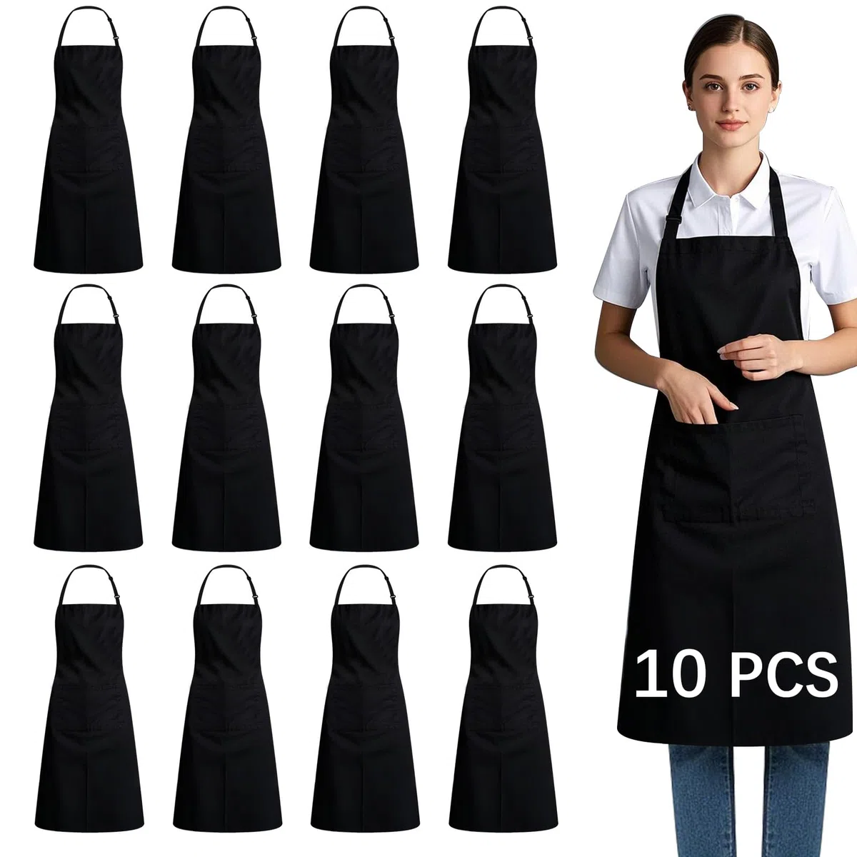 Delantales unisex negros con 2 bolsillos, para cocinar, cocinar, barbacoa, dibujo, 10 unidades, color negro