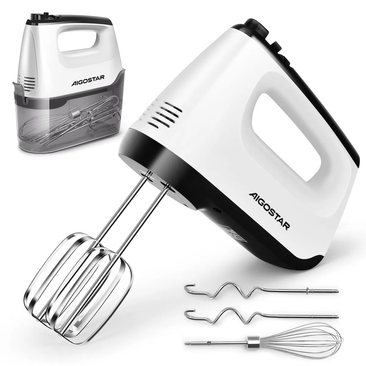Aigostar Pudding - Batidora Amasadora de 400 W con 6 Velocidades, Batidora de Varillas, Función Turbo. Incluye 2 Batidores de Varillas, 2 Ganchos de Amasado, 1 Batidor y Caja de Almacenamiento.