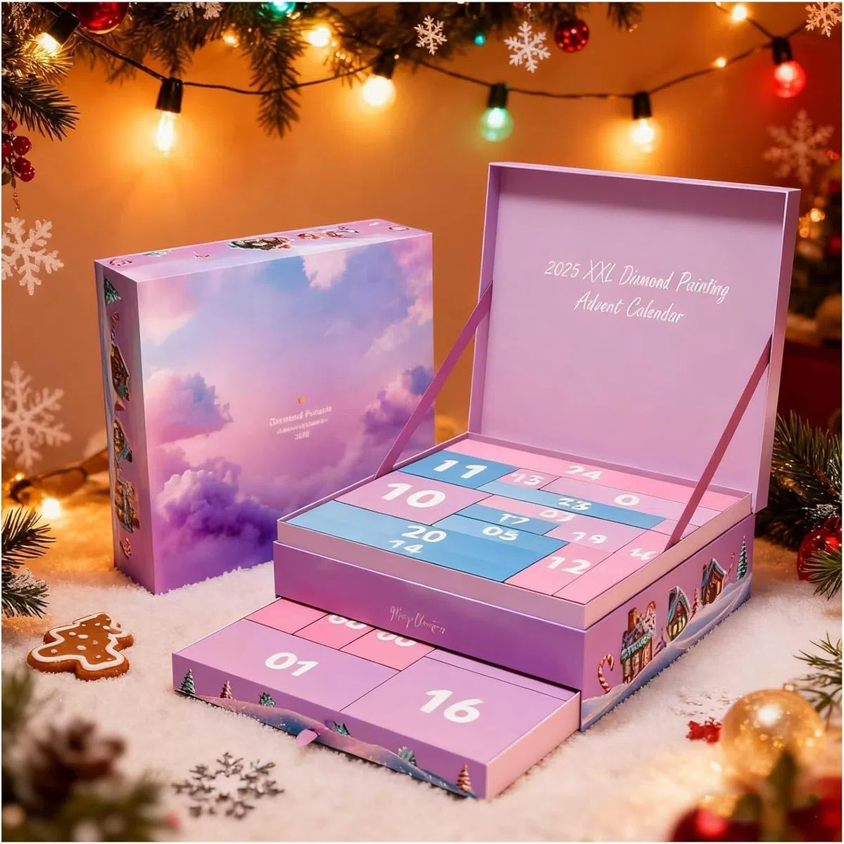 Calendario de Adviento con pintura de diamantes 2025-25 sorpresas, edición limitada, accesorios exclusivos y juegos XXL para mujeres, madres y niñas (morado, 1 unidad)