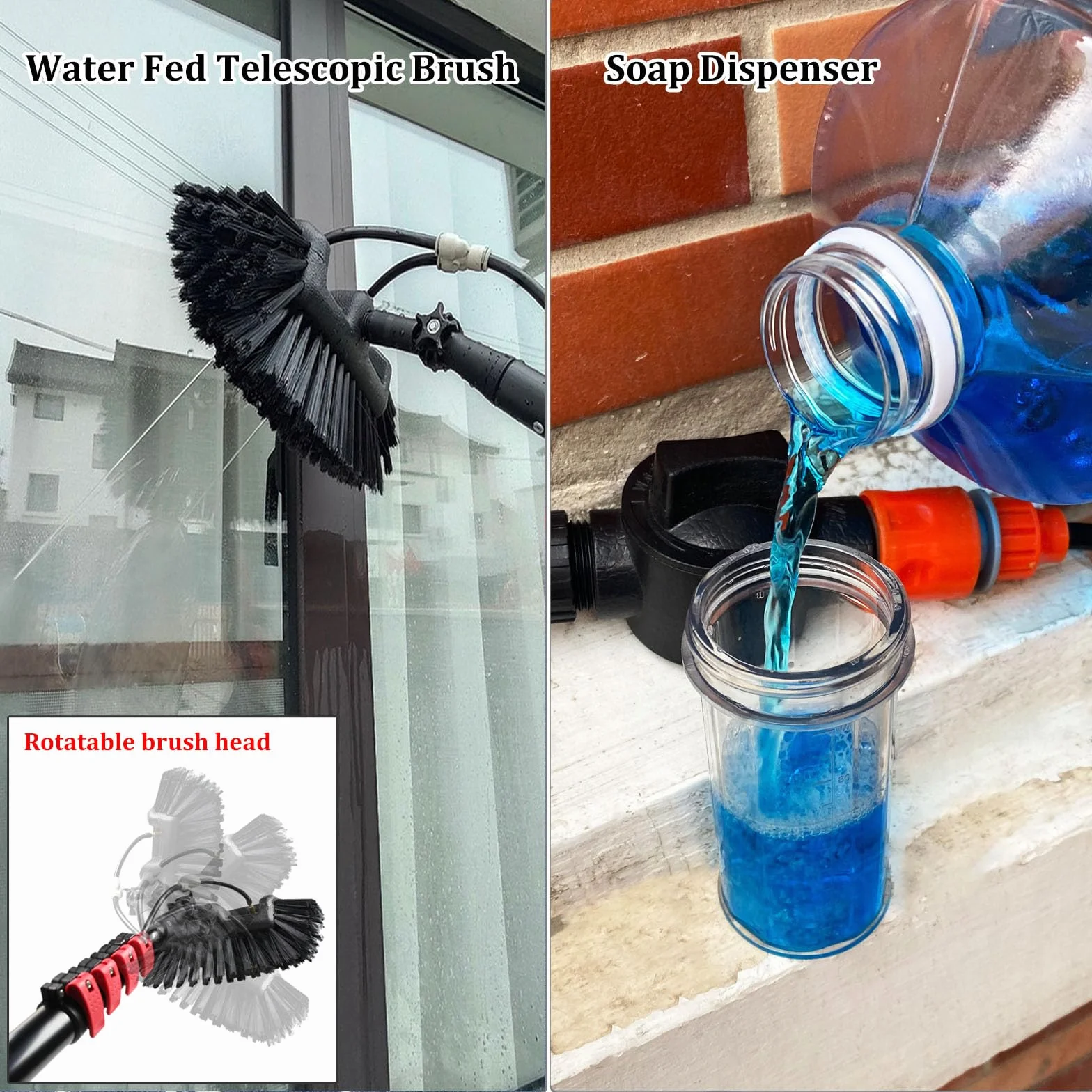 Genérico Cepillo telescópico para Ventanas, hidrolimpiador telescópico, hasta 10,8 m, dispensador de jabón, Paneles solares, Kit con escobilla de Goma, para Lavado de Camiones, autobuses y