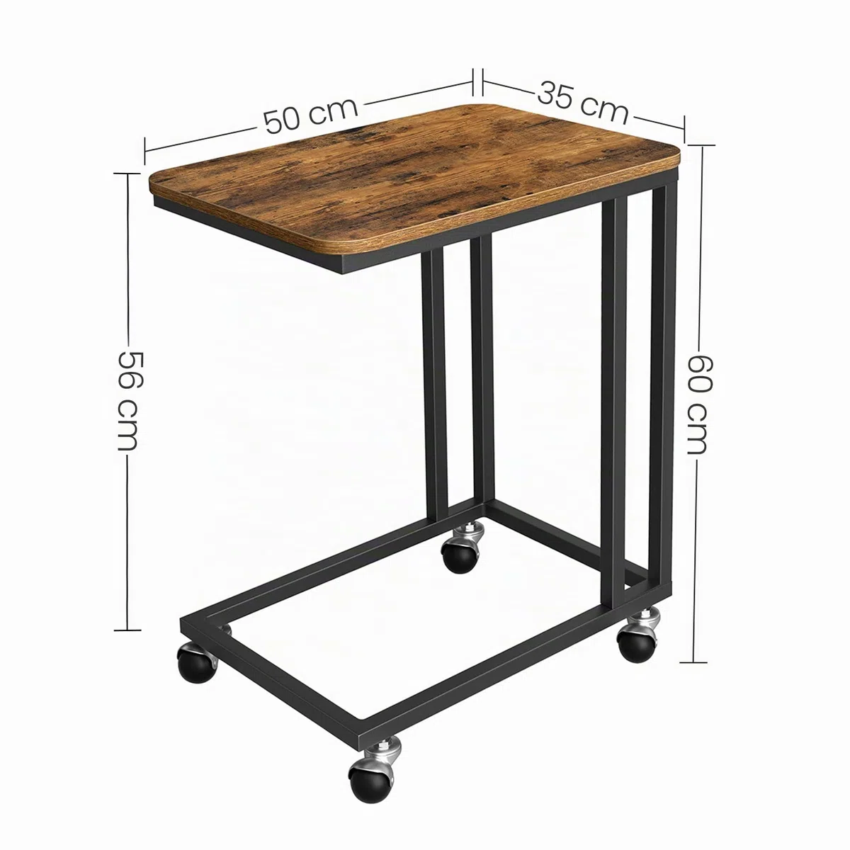 VASAGLE Mesa Auxiliar de Estilo Industrial, Mesa Lateral con Ruedas y Pies Ajustables, para Dormitorio, Marco de Acero, FÁcil de Montar, MarrÓn RÚstico y Negro LNT50X