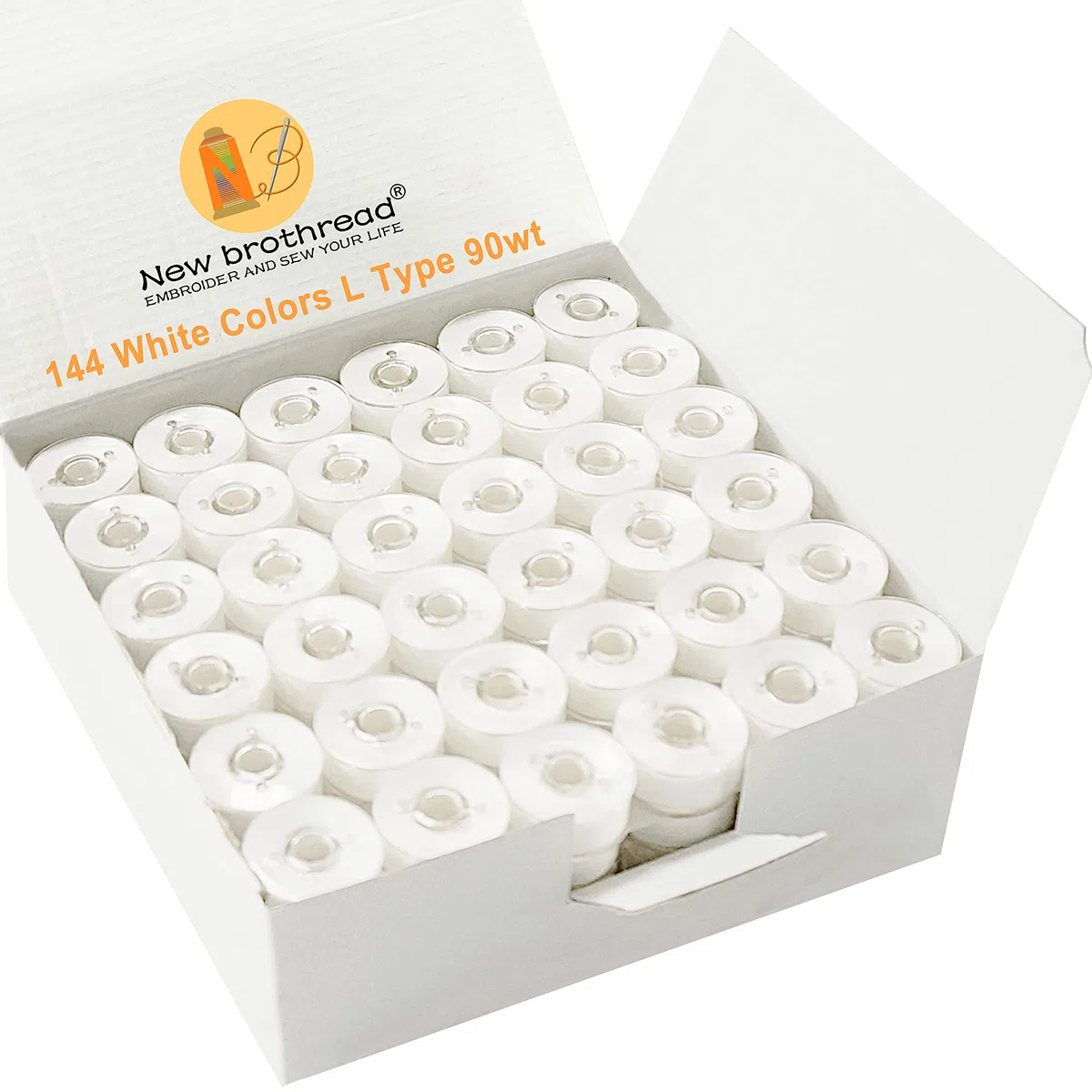 New brothread 144pcs Tipo L Tamaño (SA155) Blanco hilo de la canilla preenrollado Lado de plástico para máquinas de bordar y coser especificadas - 90wt