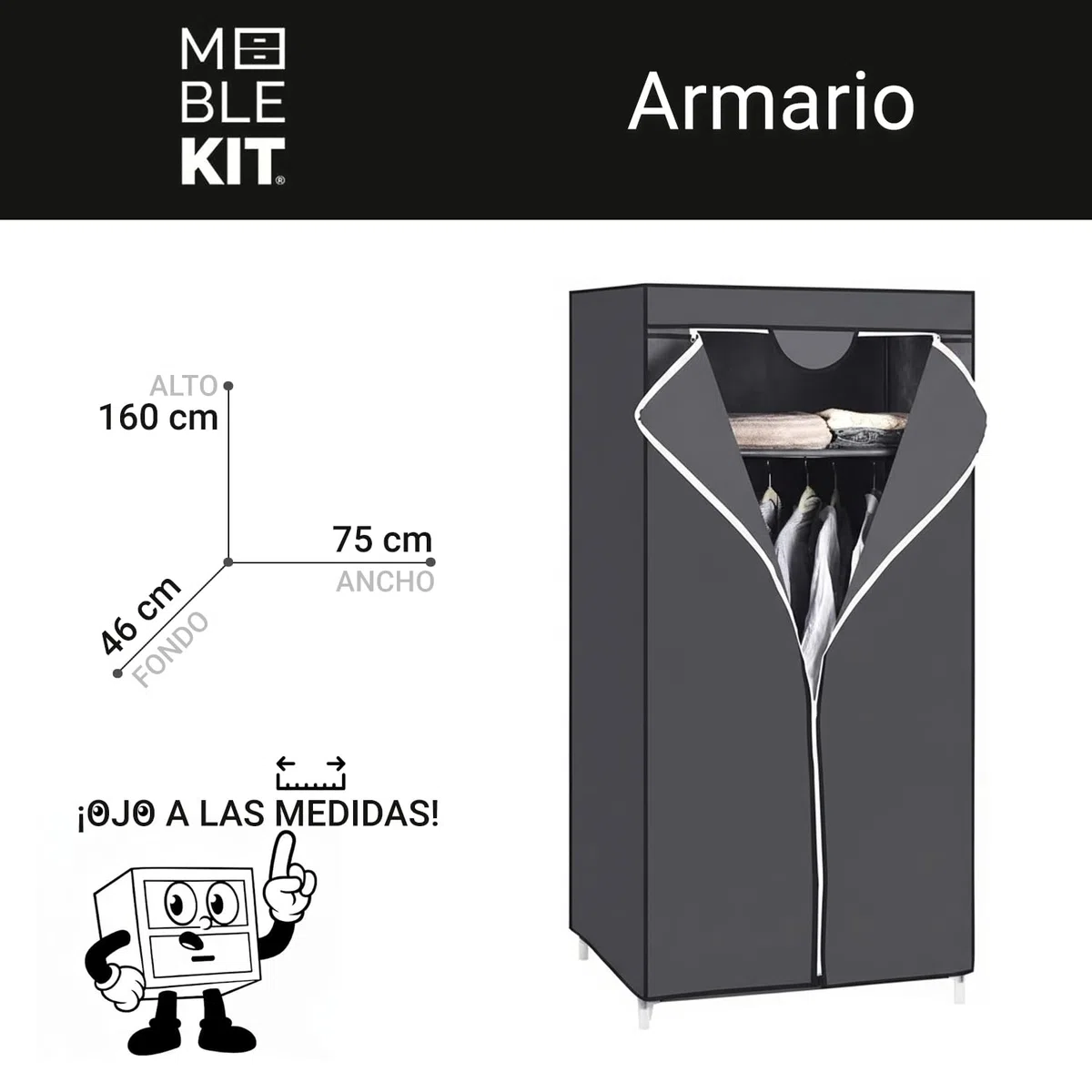 INDE MOBLEKIT | Armario Desmontable de Tela 75x46x160 cm, Ropero Auxiliar con Cremallera y Estructura Metálica, Armario de Tela TNT para Dormitorio, Almacenaje o Mudanzas