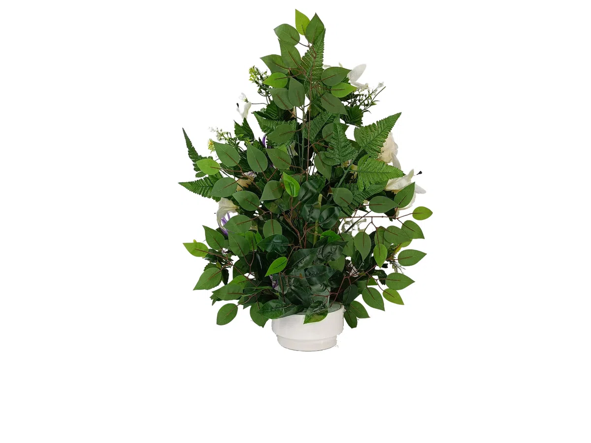 DRW Centro de Flores Artificiales para Cementerio Iglesias Bodas Centro de Flores para los Santos Beige Morado y Blanco 75x55 cm