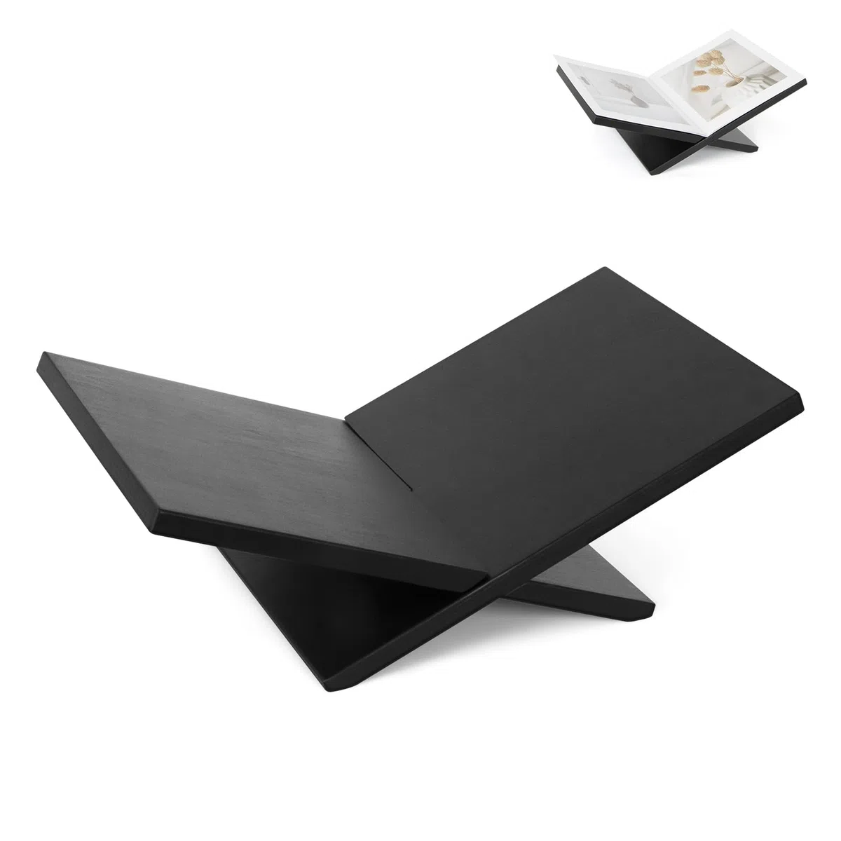 PUERSI Soporte Libros Abierto, Atril para Libros Grande de Madera, Soporte para Mesa de Centro, Caballete Expositor para Revistas, Arte, Libros de Cocina, Biblias y el Corán – Negro