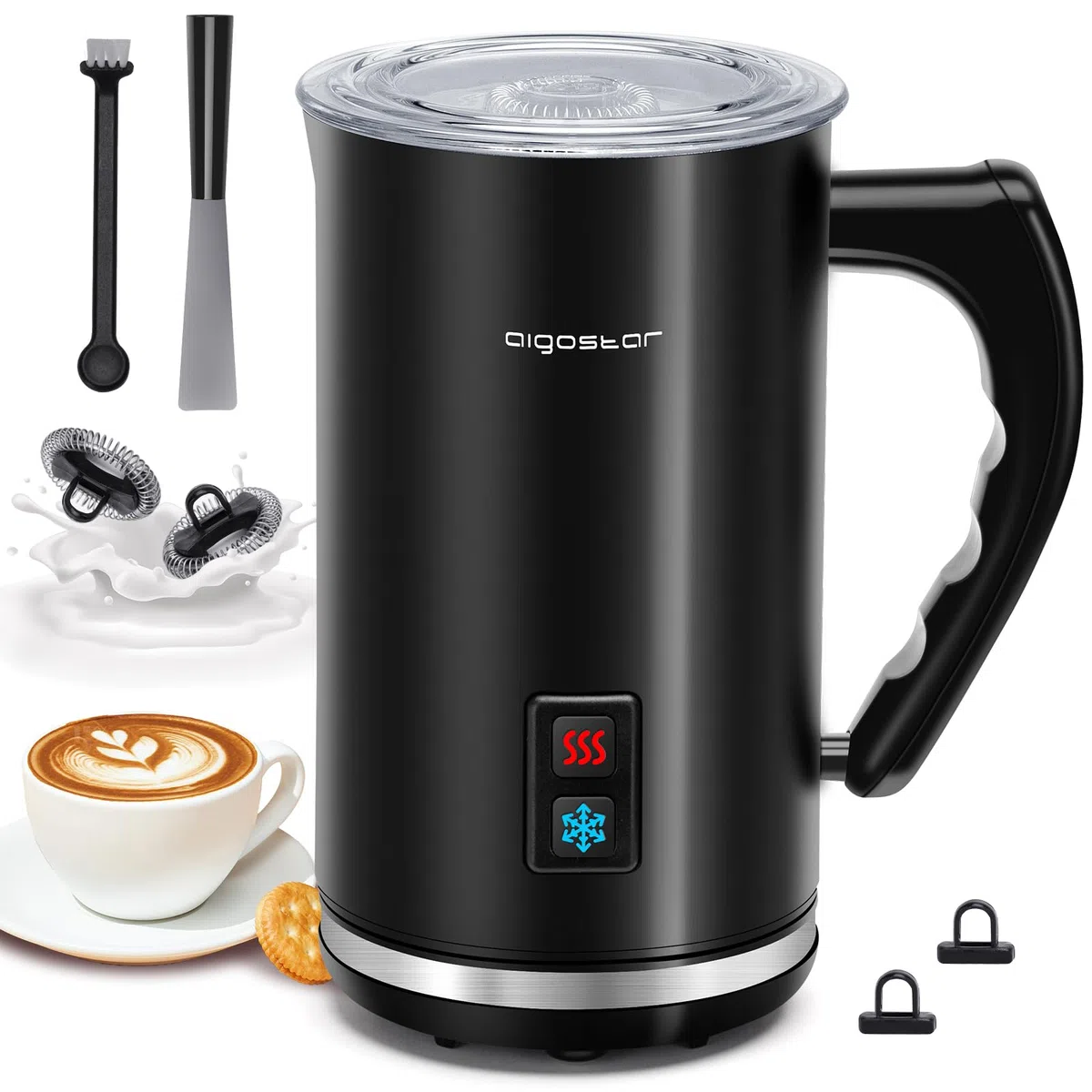 Aigostar Capu - Espumador de Leche Eléctrico 500W, 3 modos Espuma Leche Caliente/Fría para Café, Latte, Cappuccino,Chocolate, 115ml/240ml, Recubrimiento Antiadherente, Silencioso, Negro