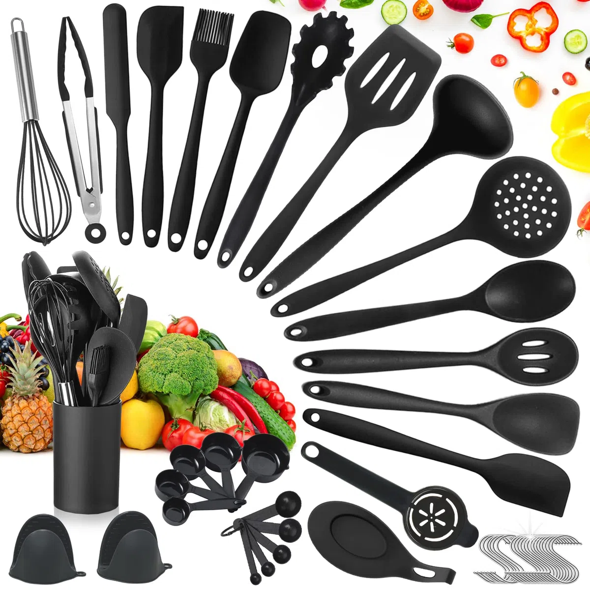 Utensilios Cocina de Silicona Antiadherente, 49 Piezas, Resistente al Calor, sin BPA, 5 Cucharas Medidoras y 20 Ganchos (Negro)