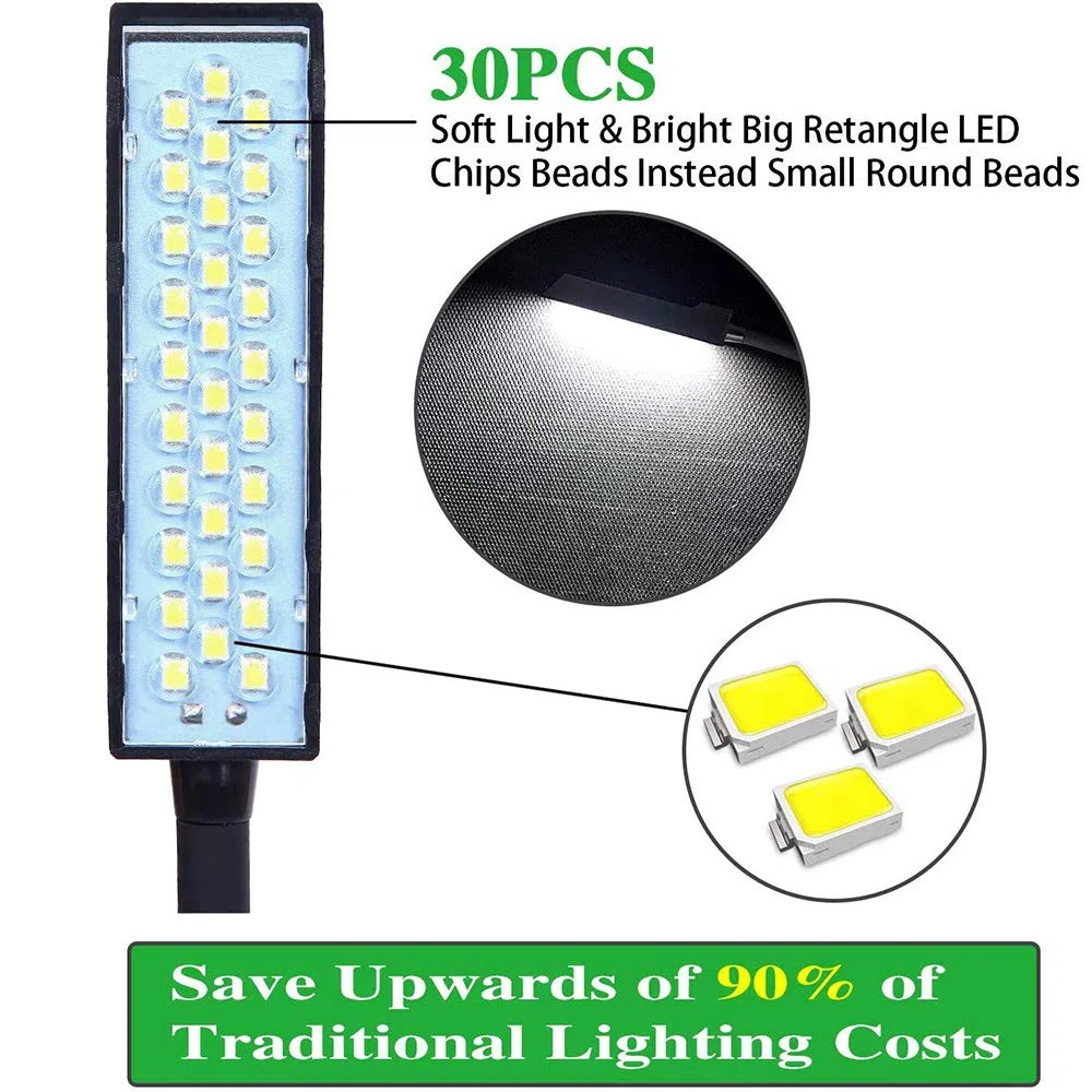 Lixada 2 lámparas LED para máquina de coser - 30 LED de iluminación de trabajo, lámpara de cuello de cisne con base magnética, manguito flexible, compatible con todas las máquinas de coser, negro