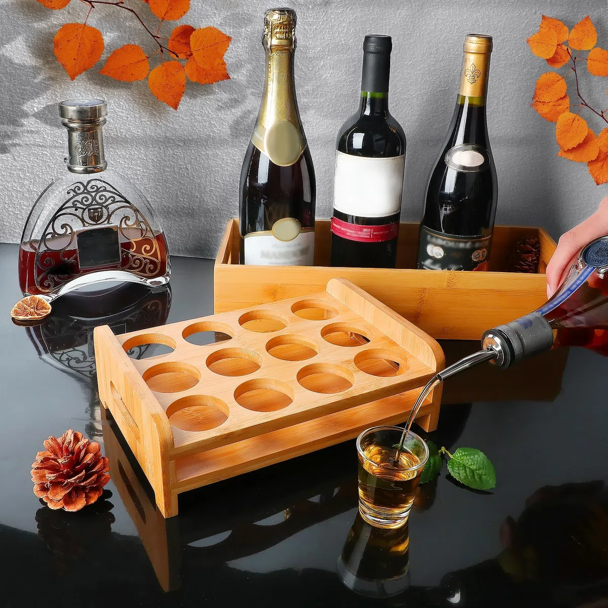 Juego de vasos de chupito, soporte para bandeja de 12 agujeros, organizador para tequila, whisky, brandy, vodka, ron, fiesta, club, bar, hogar, degustación de licores, regalo