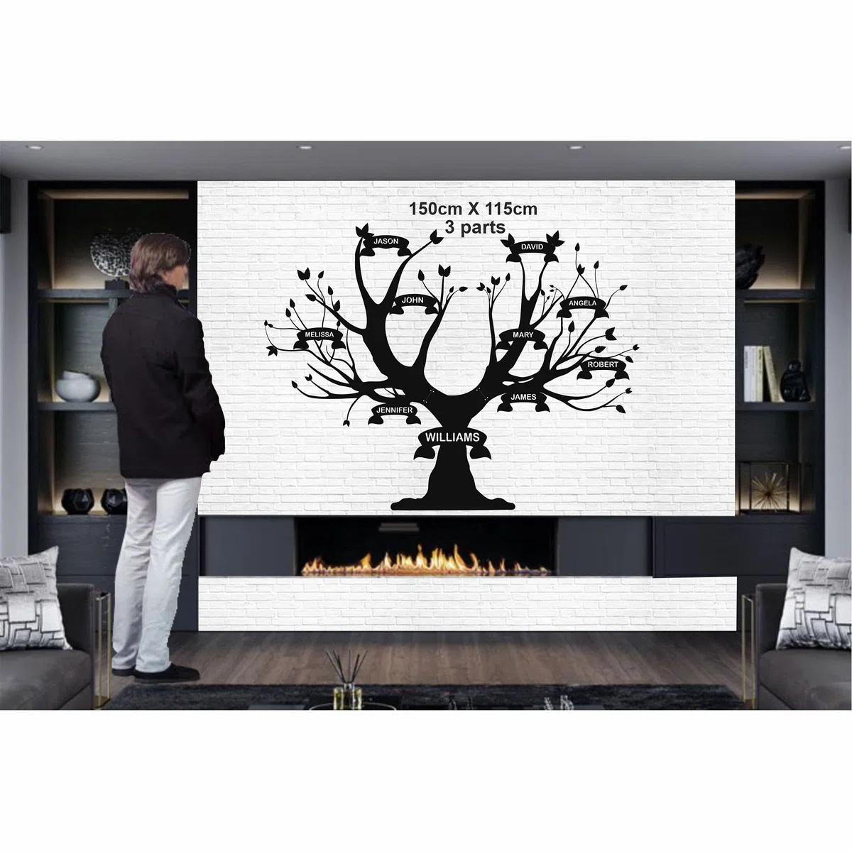 Decoración de pared de metal, álbum de árbol familiar, decoración de sala de estar, letrero de pared, arte de pared de metal, decoración de interiores, colgantes de interior y exterior (200 x 153 cm)