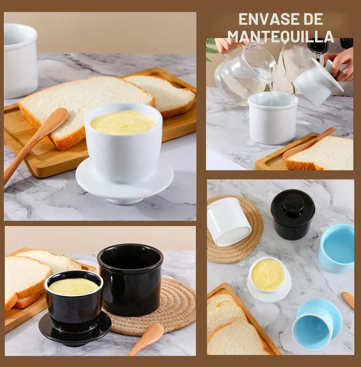 Mantequera de cerámica con tapa, recipiente para mantequilla francesa, refrigerado por agua, apto para lavavajillas, color blanco