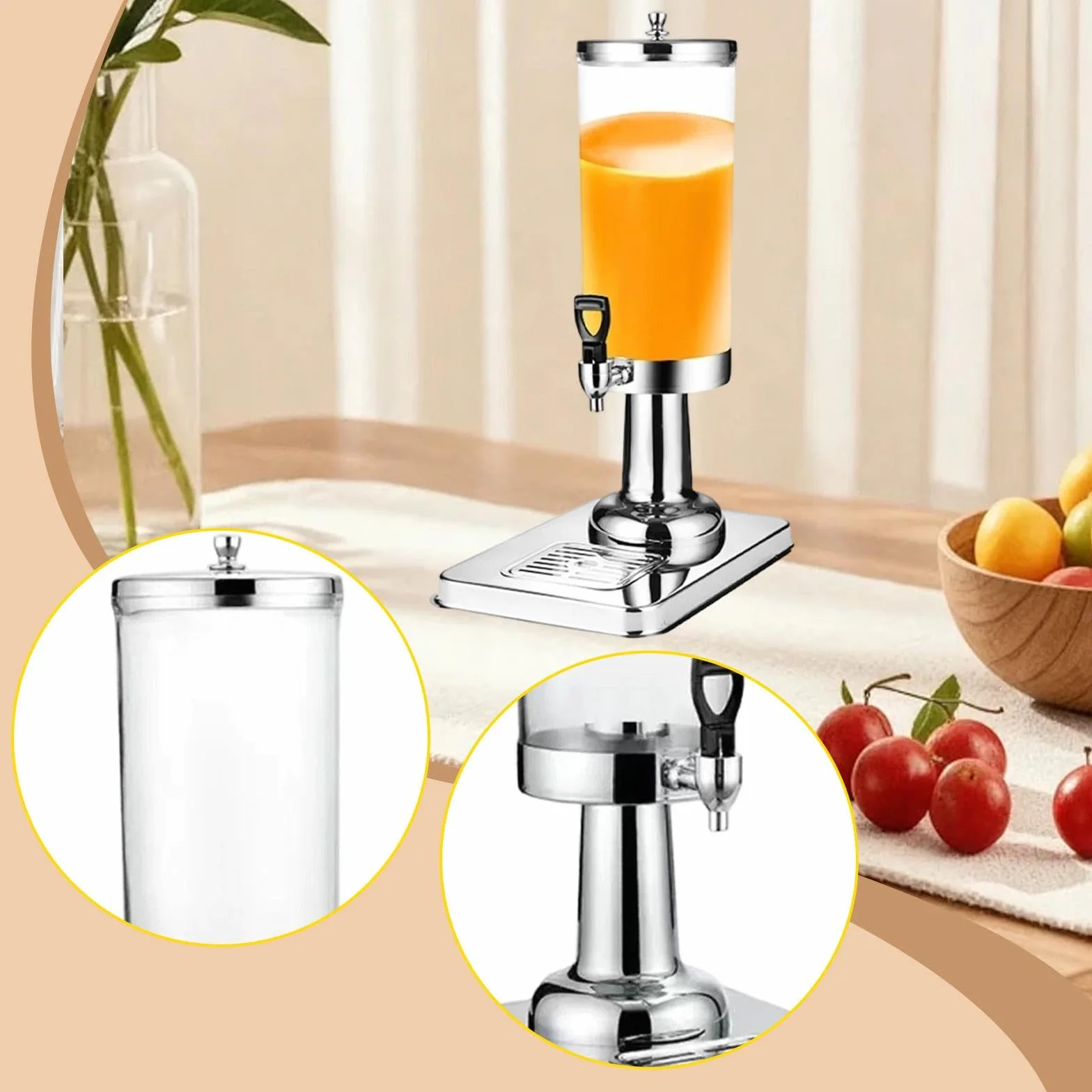 Dispensador de Bebidas con Bandeja Antigoteo, Recipiente de 3 litros para de Hotel, Plata, Individual
