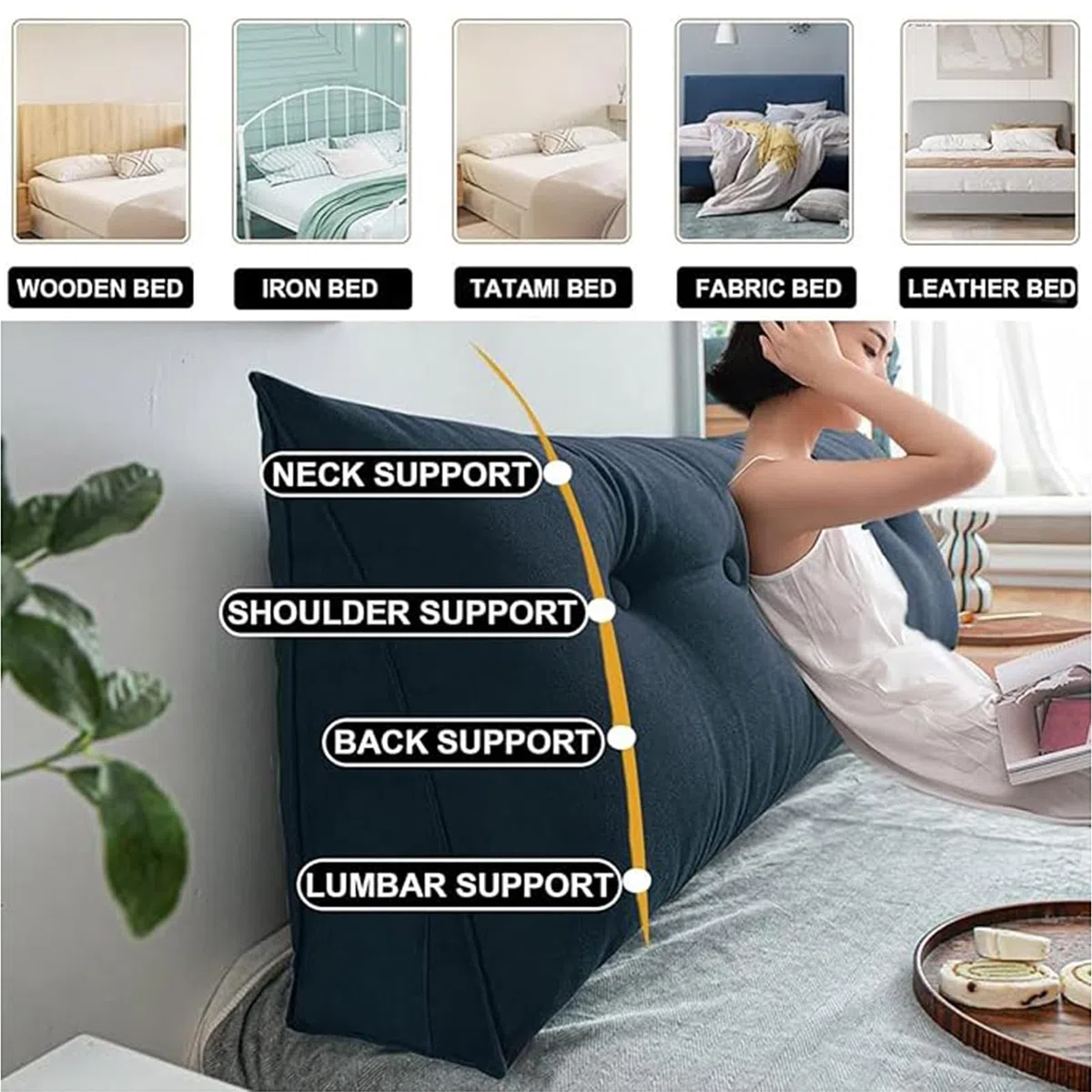 Almohada de apoyo triangular de 80 x 50 x 20 cm, cómodo cojín de respaldo de lectura para cabecero, soporte lumbar, apoyo de posicionamiento, ideal para relajación y apoyo postural.